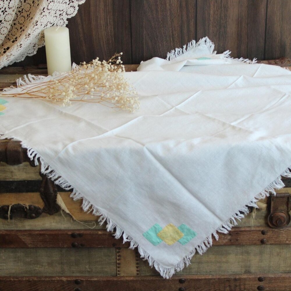 Vintage 1960s Tablecloth, 36 Inch Feedsack Cloth With Fringe and Cutwork